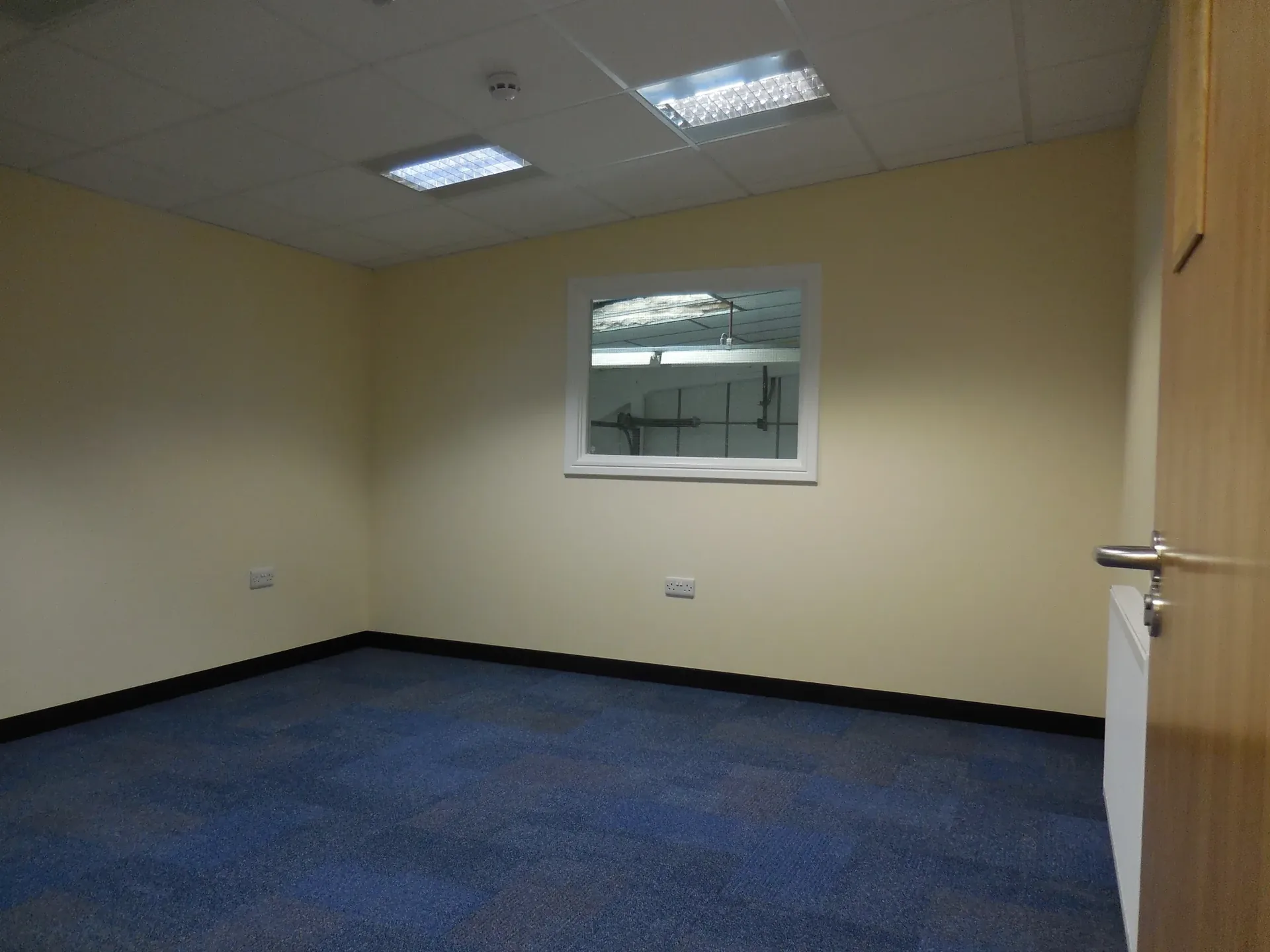 Bright office room with blue carpet and internal window